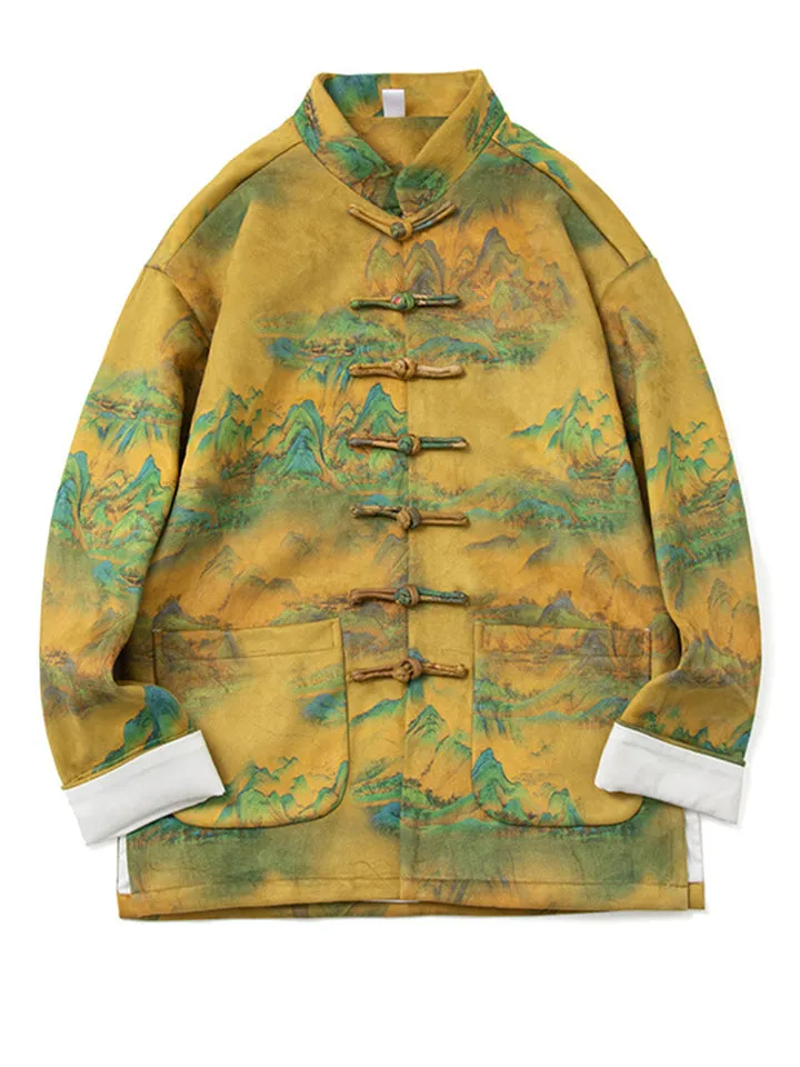 Men's Landscape Print Stand Collar Vintage Tang Suit Jacket