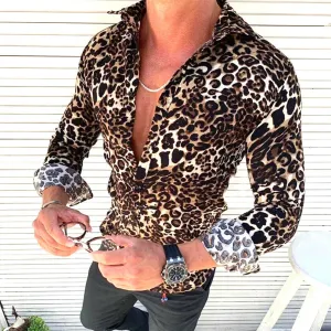 MEN'S LINEN LEOPARD PRINT SLIM FIT SHIRT