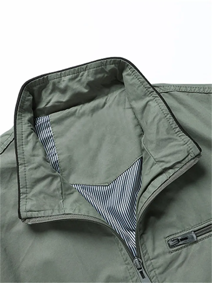 Men's Pure Cotton Stand Collar Anti-Theft Zipper Pocket Casual Jacket