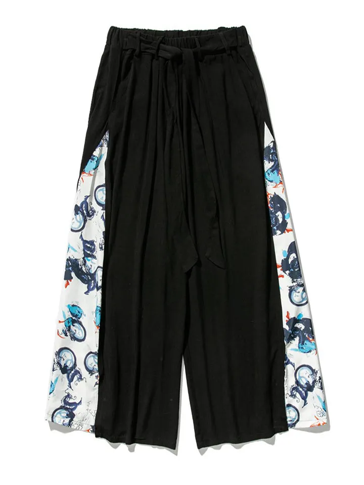 Men's Retro Fan Dragon Lucky Koi Print Lace Up Hakama Pants