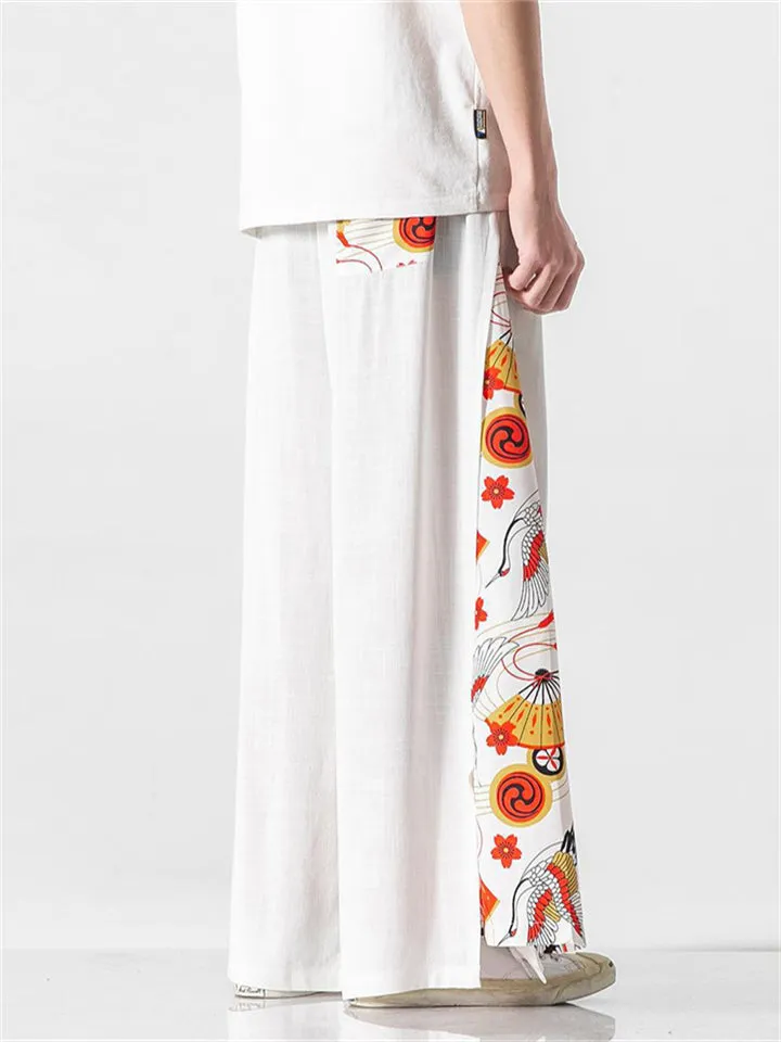 Men's Retro Fan Dragon Lucky Koi Print Lace Up Hakama Pants