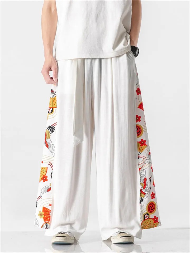 Men's Retro Fan Dragon Lucky Koi Print Lace Up Hakama Pants