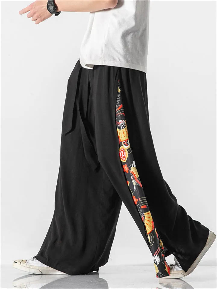 Men's Retro Fan Dragon Lucky Koi Print Lace Up Hakama Pants