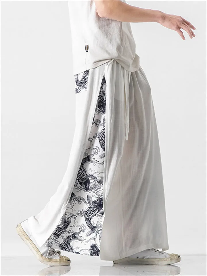 Men's Retro Fan Dragon Lucky Koi Print Lace Up Hakama Pants