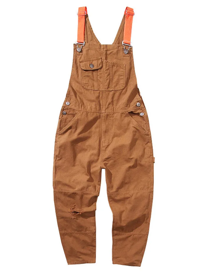 Men's Retro Loose Ripped Brown Cargo Jumpsuit