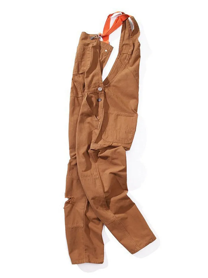 Men's Retro Loose Ripped Brown Cargo Jumpsuit