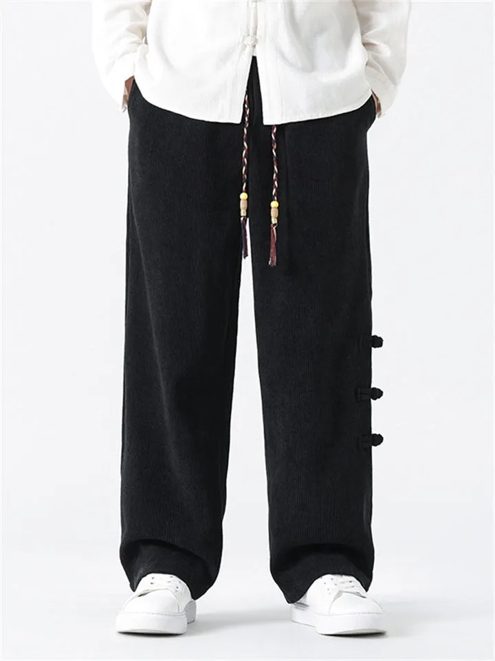 Men's Side Button Decoration Loose Winter Corduroy Pants