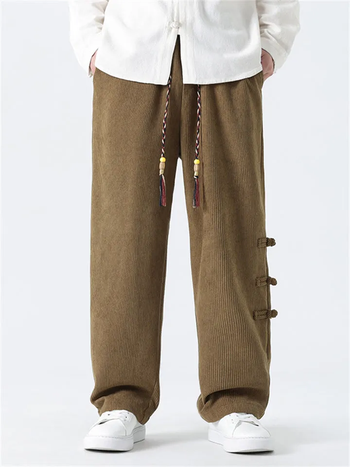 Men's Side Button Decoration Loose Winter Corduroy Pants