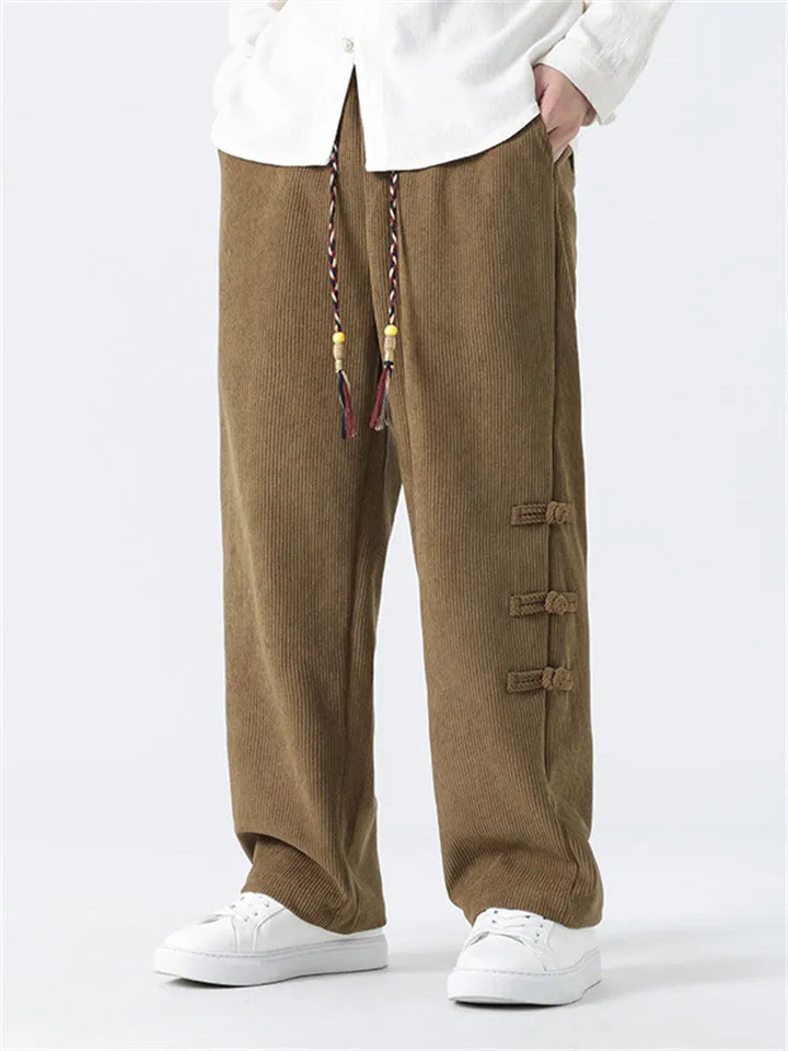 Men's Side Button Decoration Loose Winter Corduroy Pants