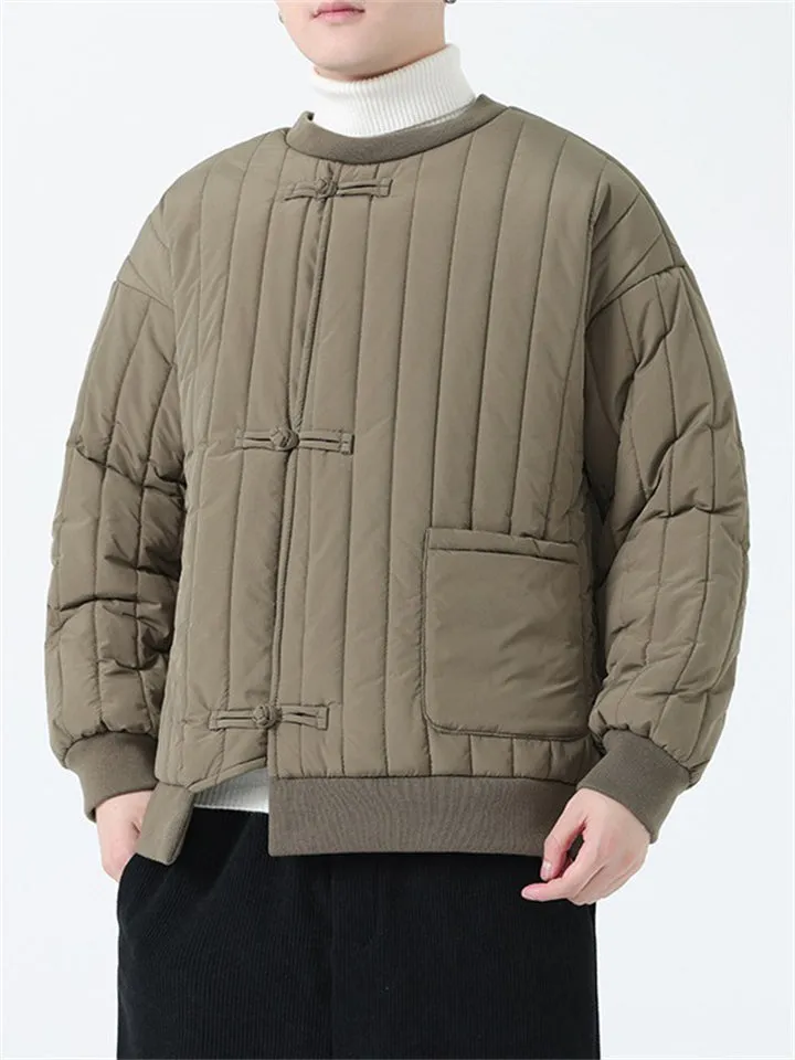 Men's Vintage Round Neck Long Sleeve Striped Cotton Coat