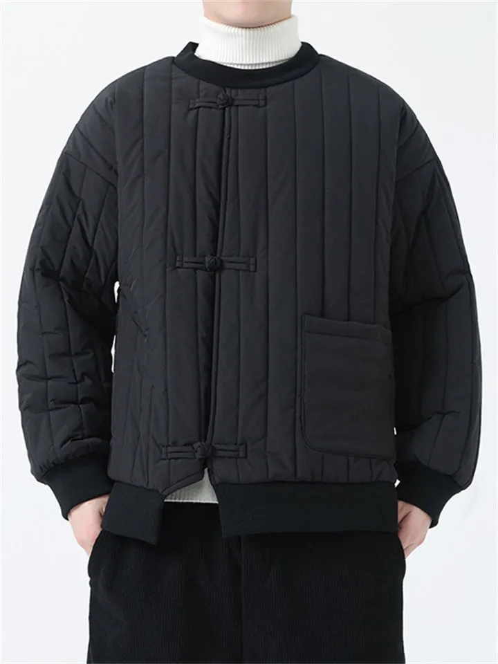 Men's Vintage Round Neck Long Sleeve Striped Cotton Coat