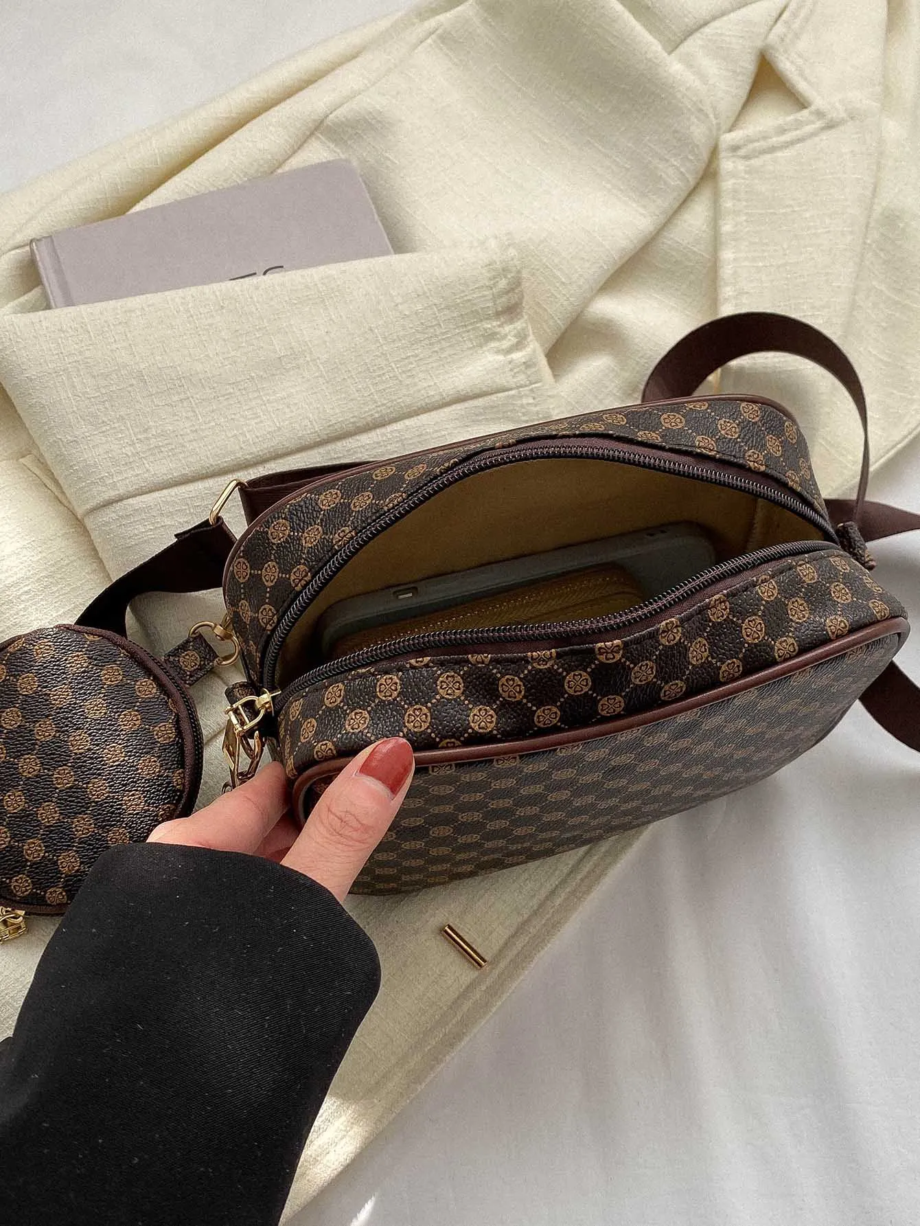 Mini Geometric Pattern Square Bag With Coin Purse - Coffee Brown