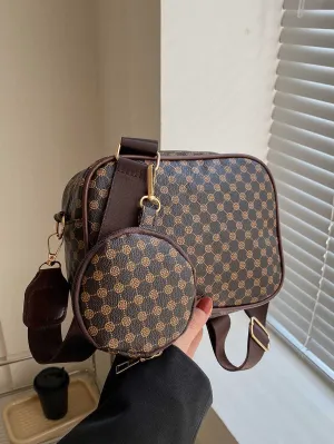 Mini Geometric Pattern Square Bag With Coin Purse - Coffee Brown
