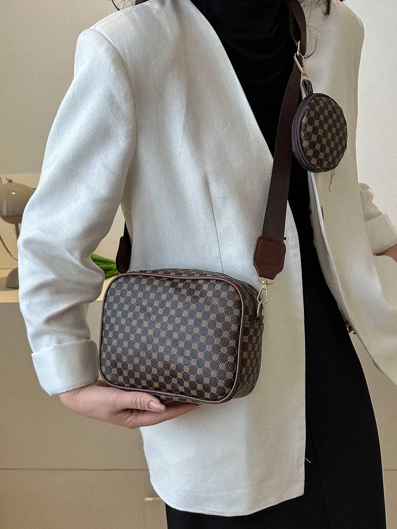 Mini Geometric Pattern Square Bag With Coin Purse - Coffee Brown