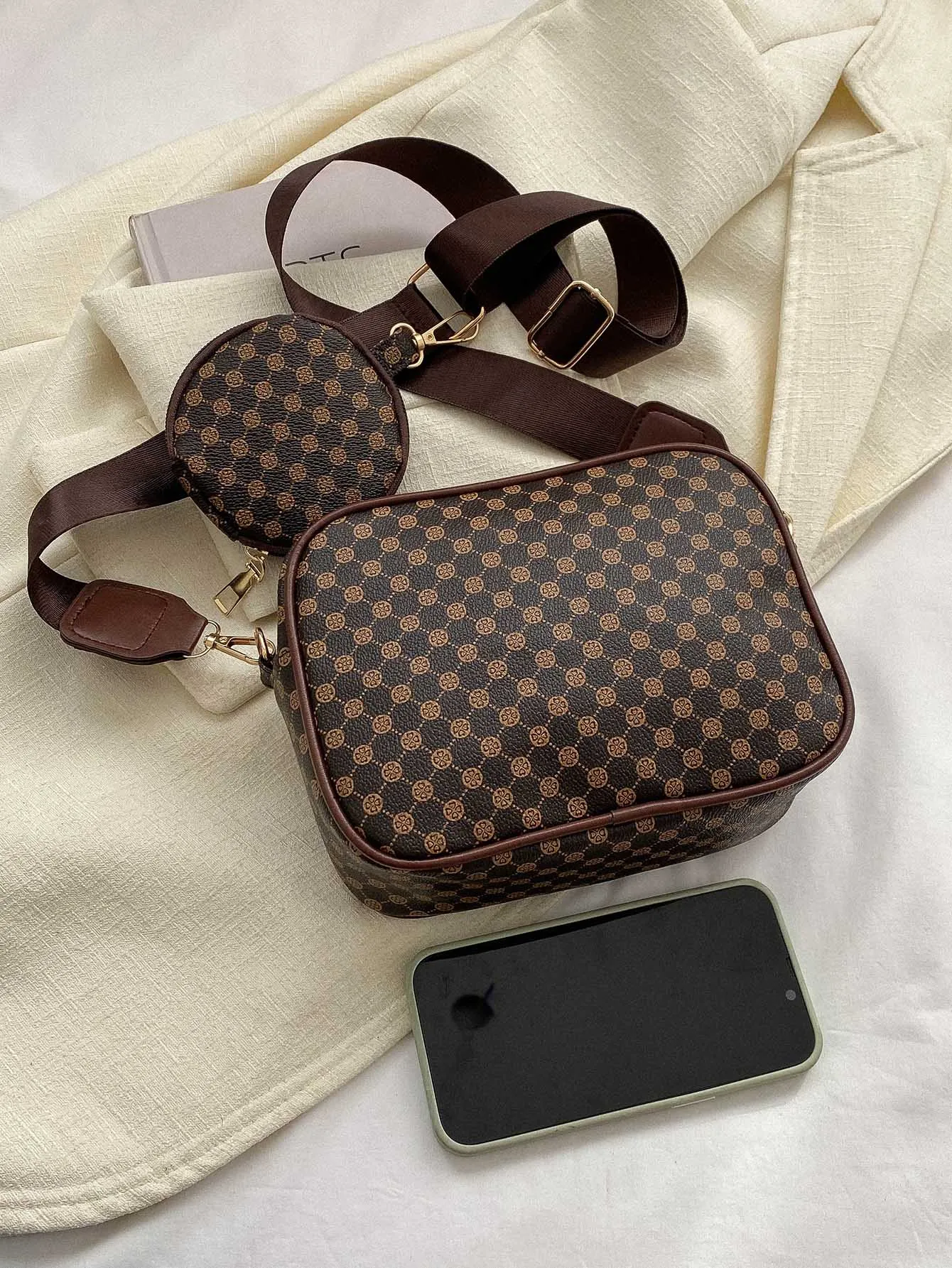 Mini Geometric Pattern Square Bag With Coin Purse - Coffee Brown