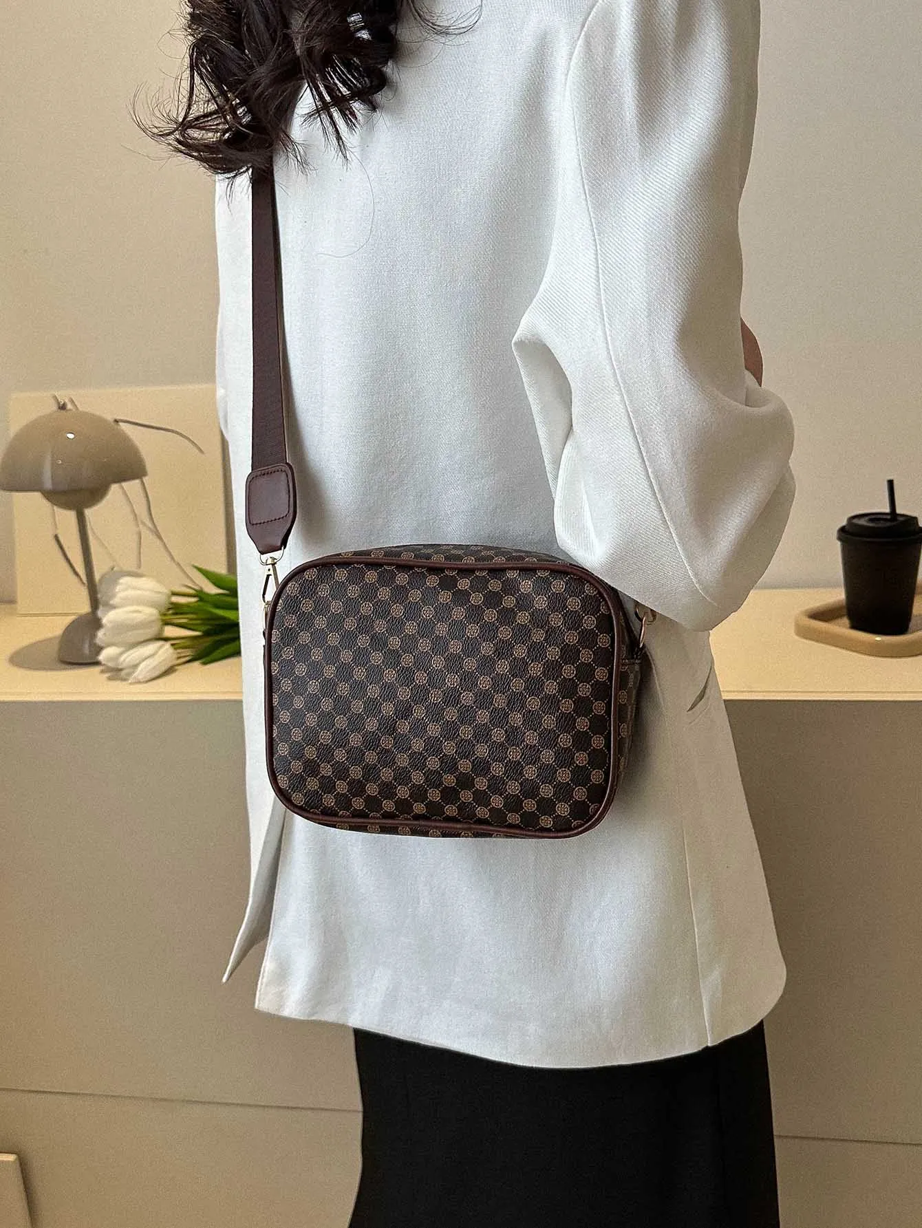 Mini Geometric Pattern Square Bag With Coin Purse - Coffee Brown
