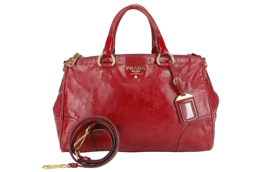 PRADA RUBINO VITELLO SHINE LEATHER SHOPPING TOTE BAG BN2533 GOLD HARDWARE WITH STRAPS