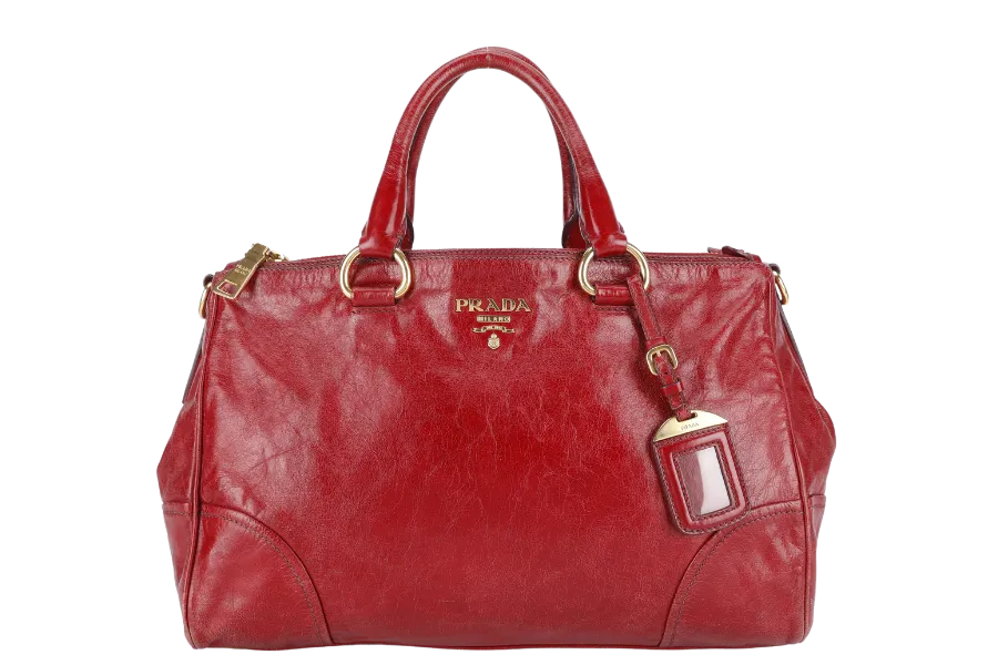 PRADA RUBINO VITELLO SHINE LEATHER SHOPPING TOTE BAG BN2533 GOLD HARDWARE WITH STRAPS