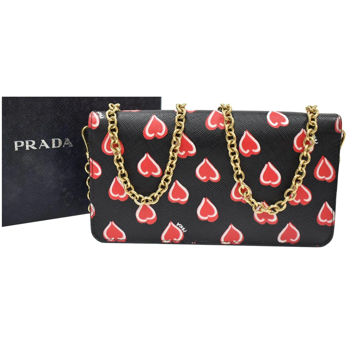 PRADA Saffiano Heart Print Long Leather Wallet on Chain Crossbody Bag Black