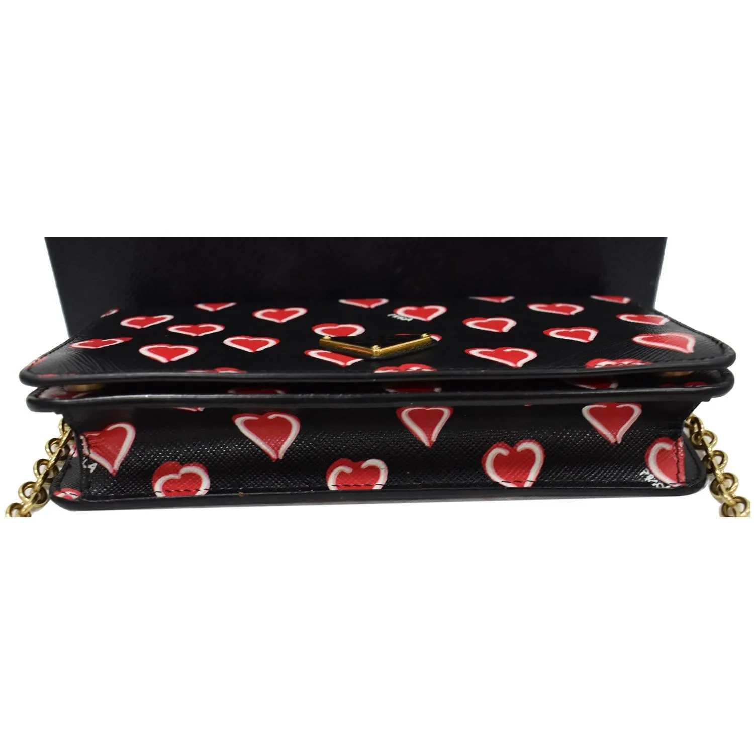 PRADA Saffiano Heart Print Long Leather Wallet on Chain Crossbody Bag Black