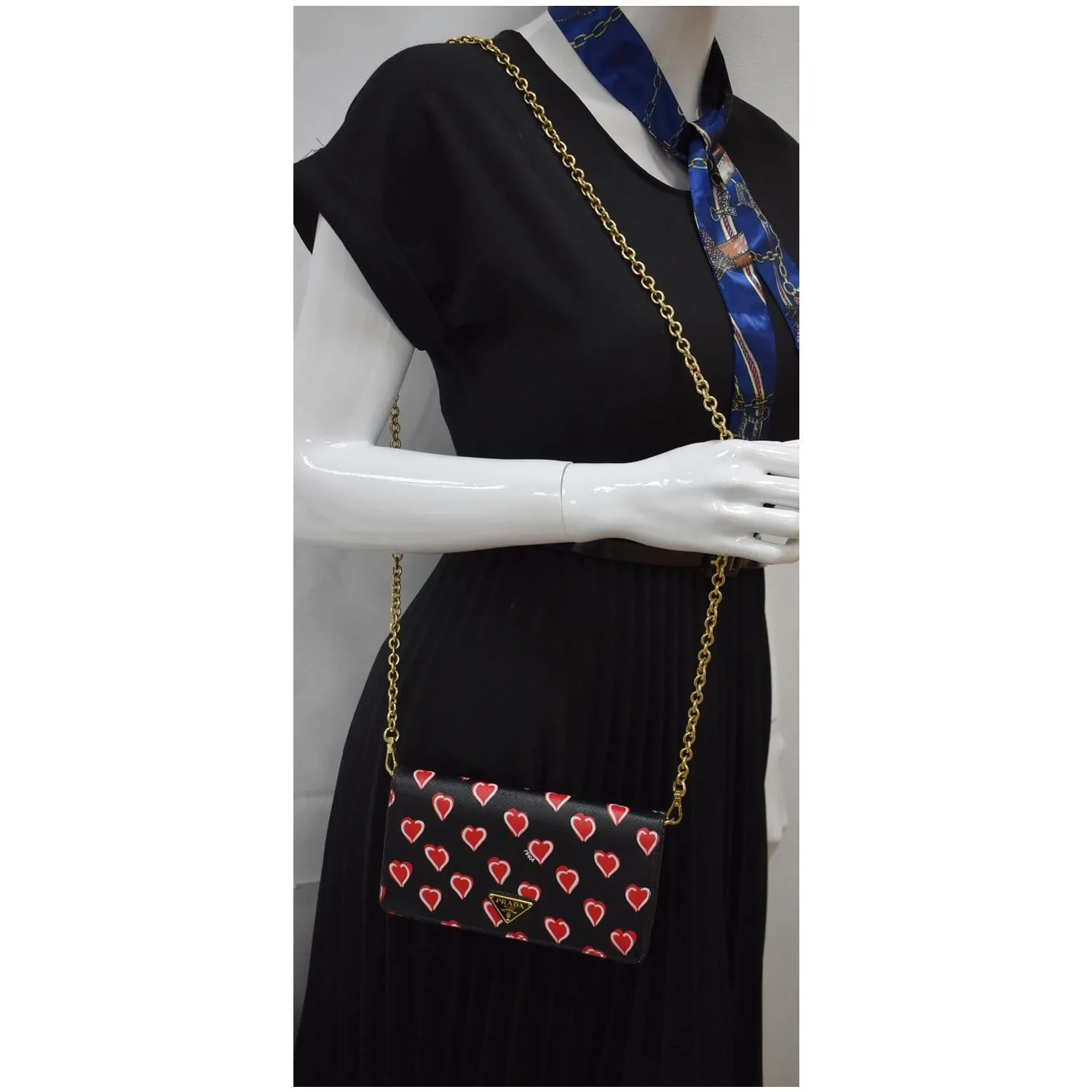 PRADA Saffiano Heart Print Long Leather Wallet on Chain Crossbody Bag Black