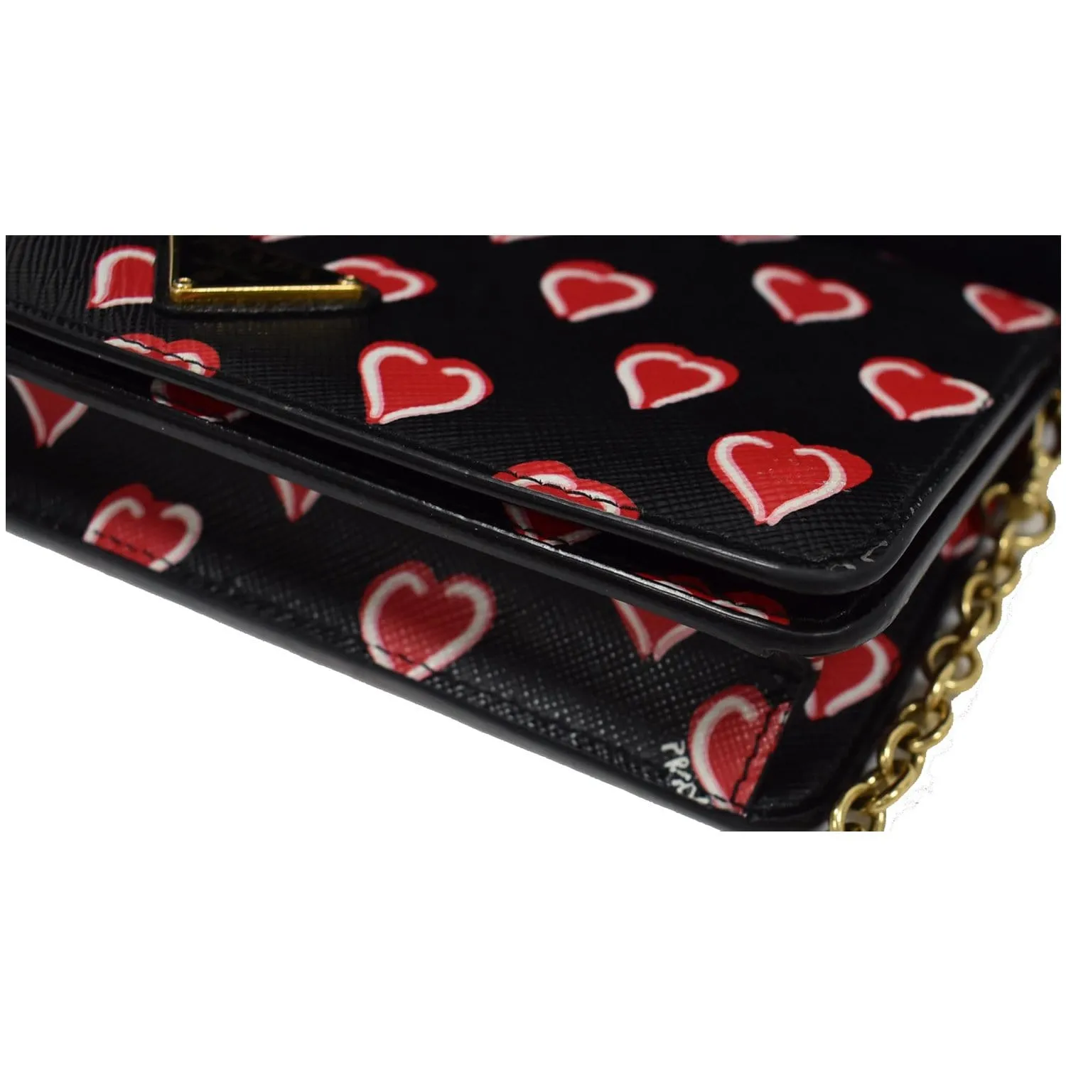 PRADA Saffiano Heart Print Long Leather Wallet on Chain Crossbody Bag Black