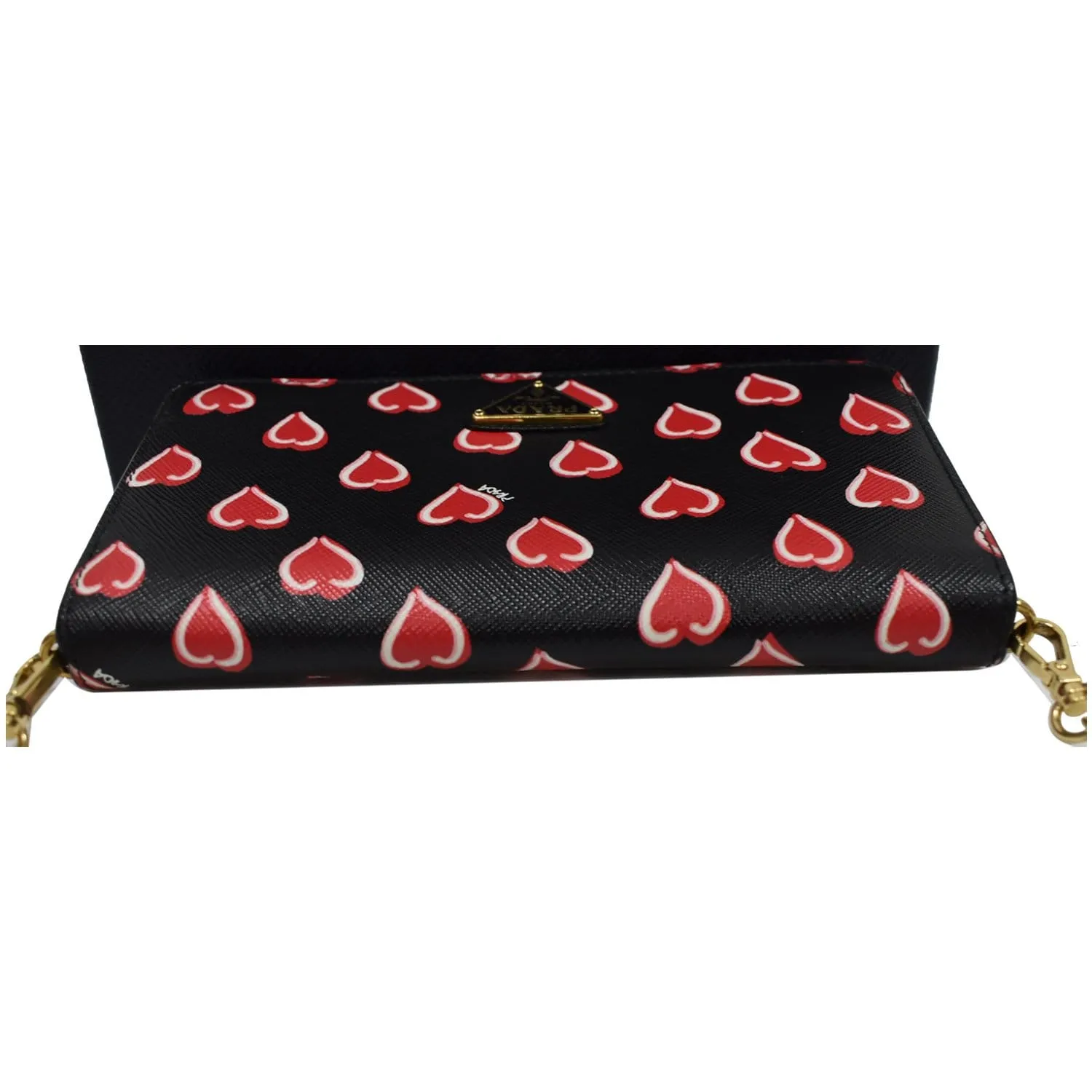PRADA Saffiano Heart Print Long Leather Wallet on Chain Crossbody Bag Black