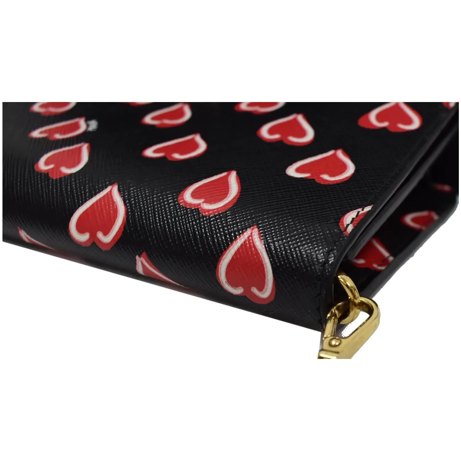 PRADA Saffiano Heart Print Long Leather Wallet on Chain Crossbody Bag Black