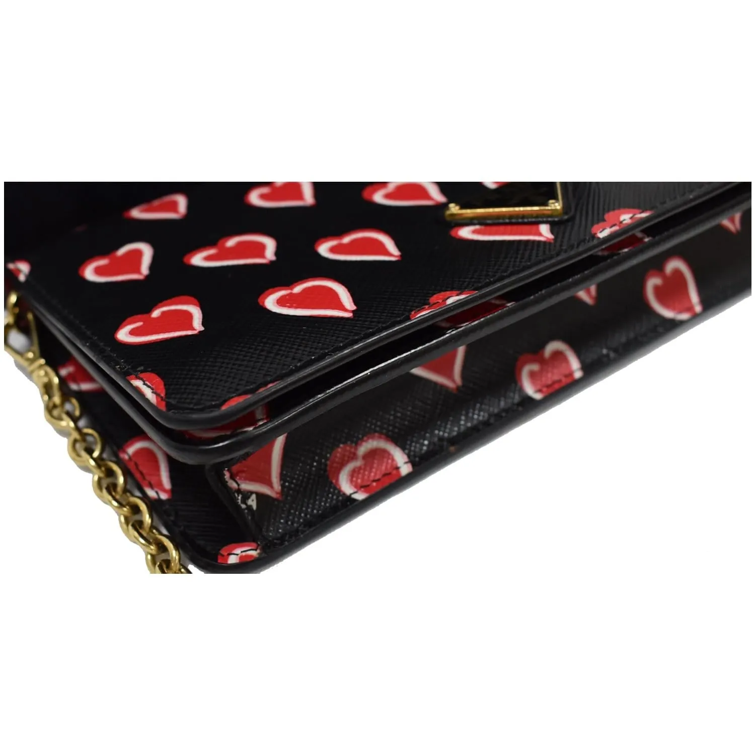 PRADA Saffiano Heart Print Long Leather Wallet on Chain Crossbody Bag Black