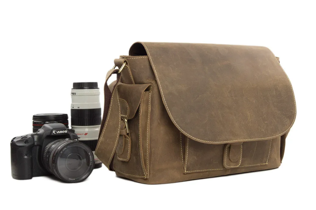 Rustic Leather Messenger Bag Crossbody Shoulder Bag with Removable Camera Inserts JW826