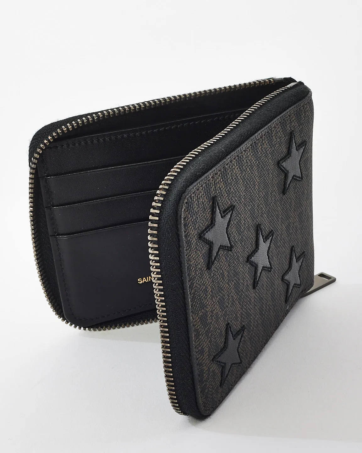 Saint Laurent Black & Brown Coated Canvas Rider California Star Compact Wallet