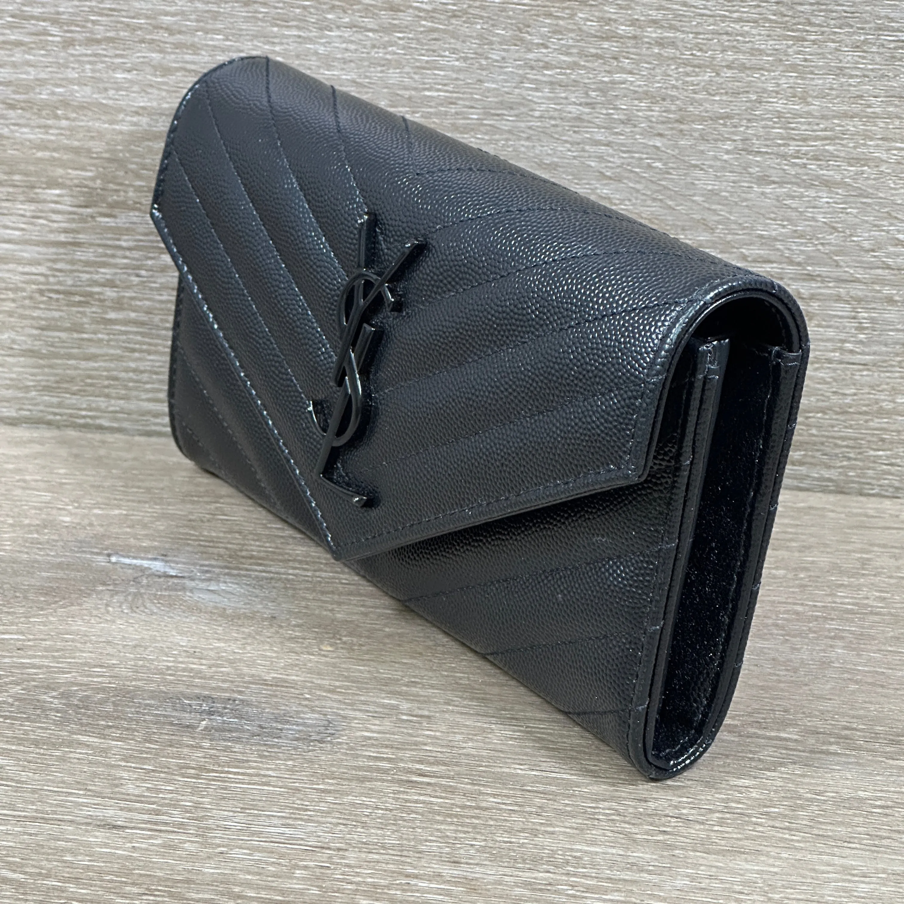 Saint Laurent YSL Monogram Large Flap Wallet in Grained Leather - Black
