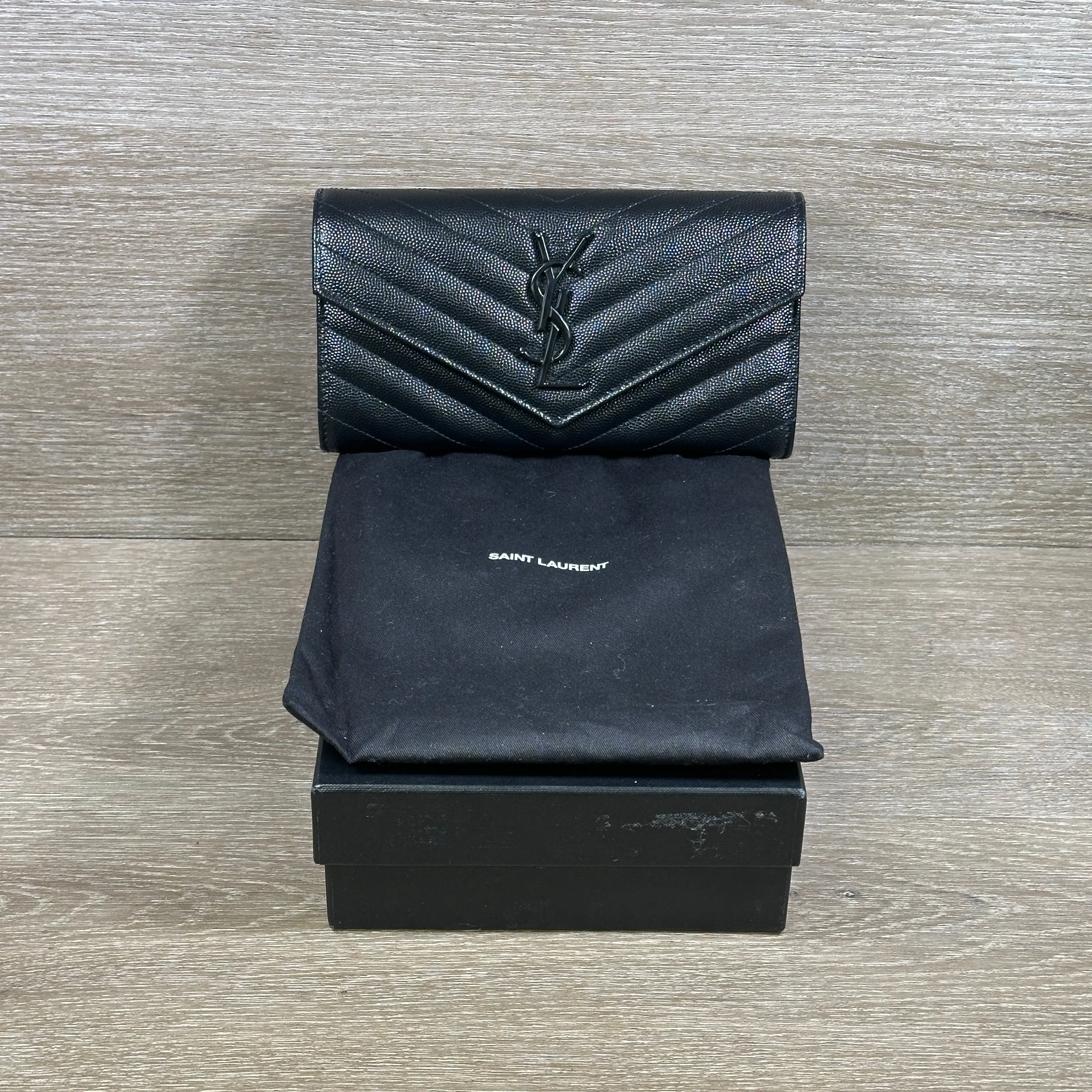 Saint Laurent YSL Monogram Large Flap Wallet in Grained Leather - Black