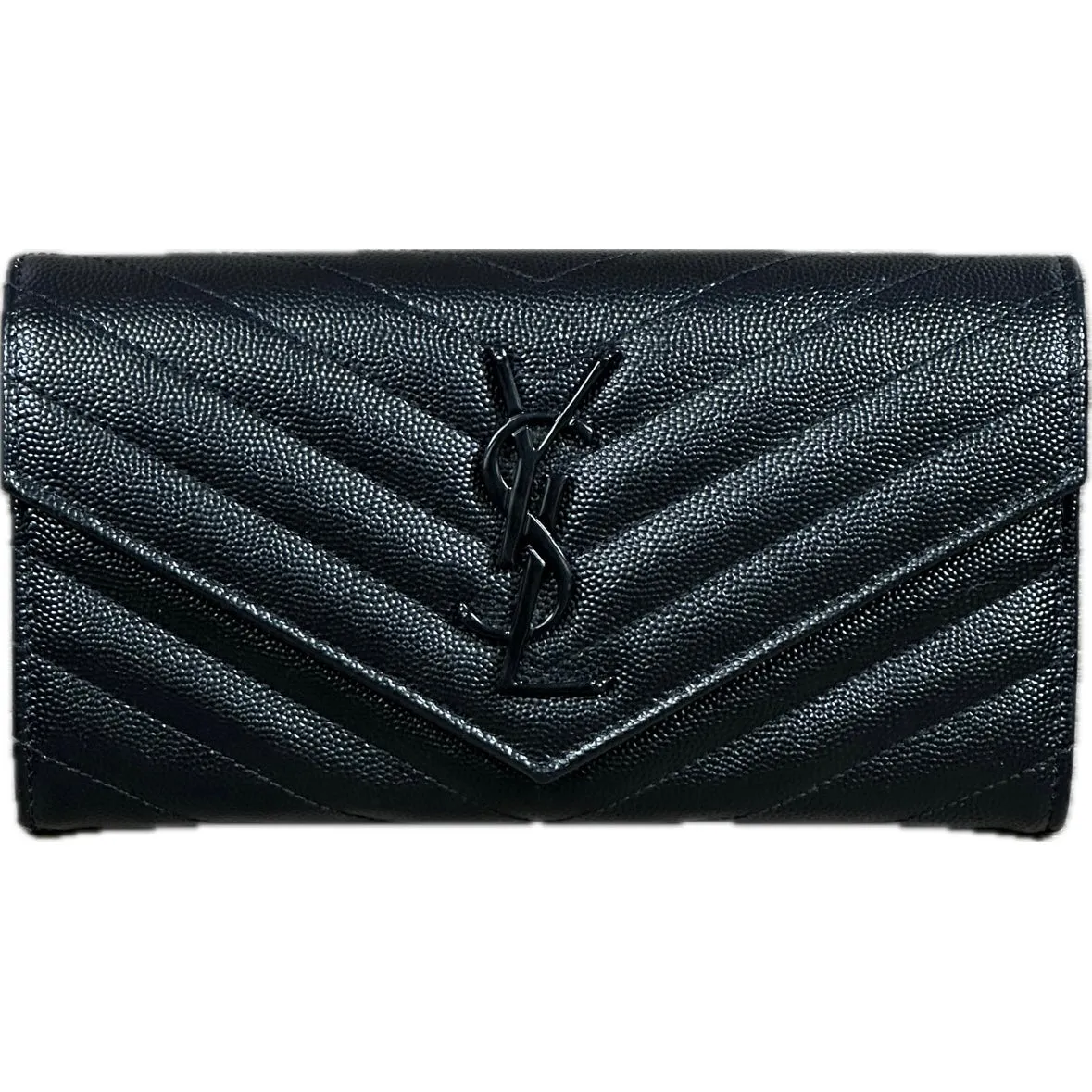 Saint Laurent YSL Monogram Large Flap Wallet in Grained Leather - Black