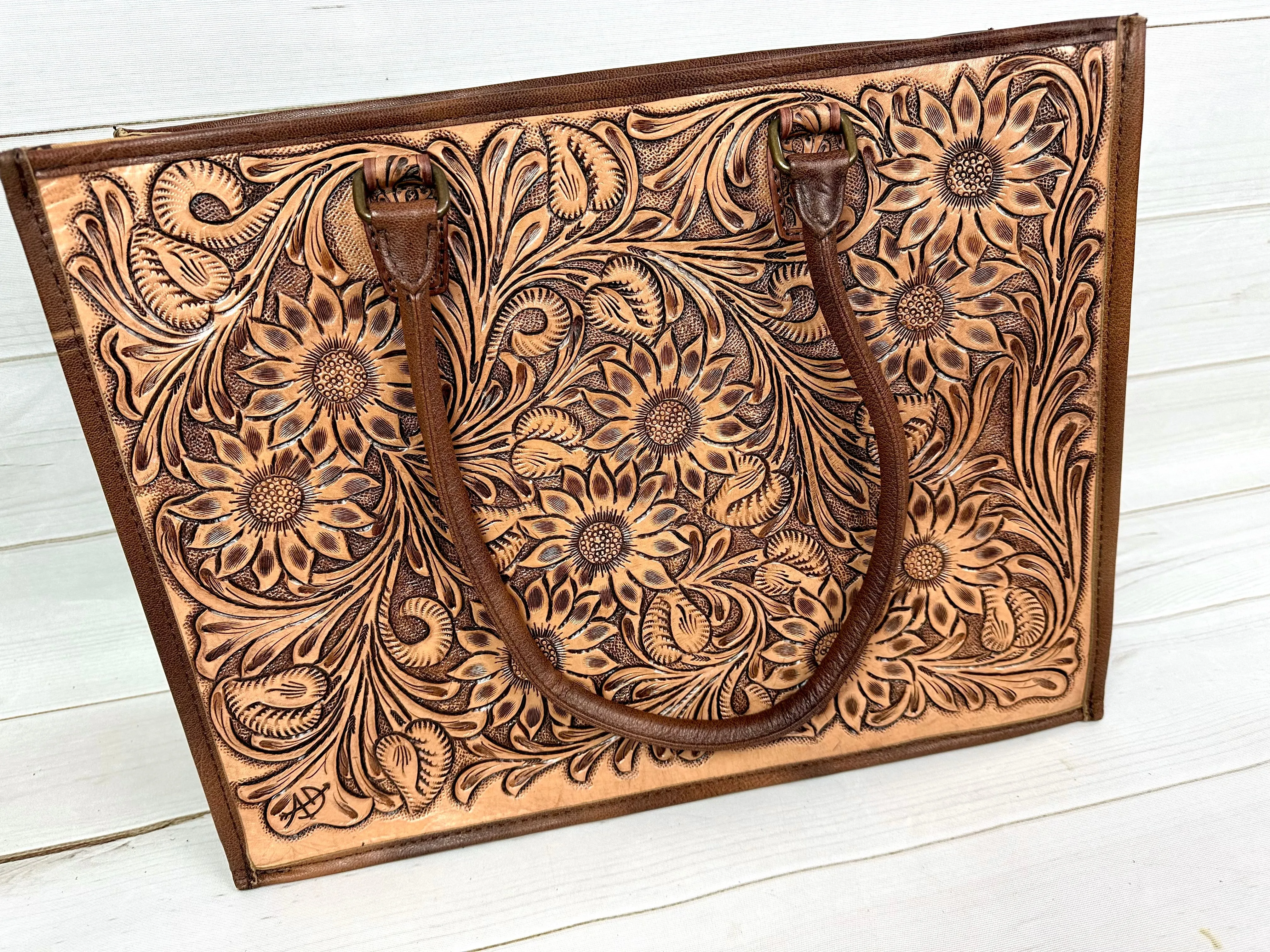 Southwest Spring Floral Tooled Laptop Tote (4 Leather Options)