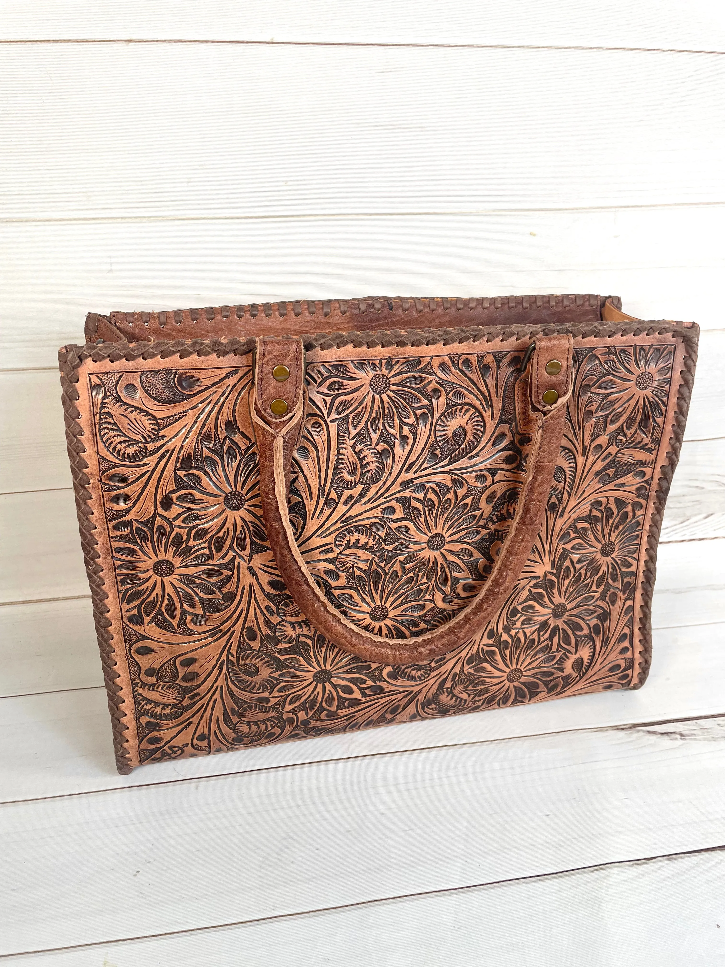 Southwest Spring Floral Tooled Laptop Tote (4 Leather Options)