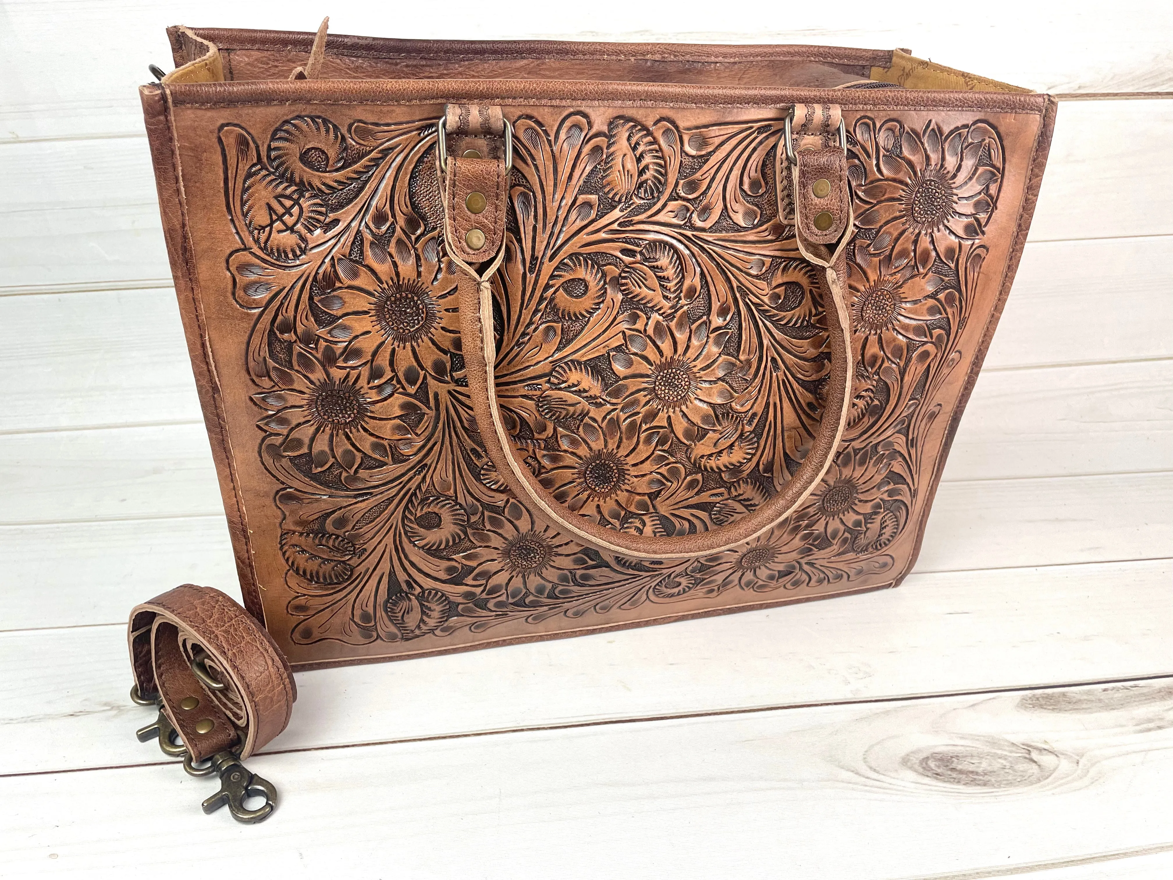 Southwest Spring Floral Tooled Laptop Tote (4 Leather Options)