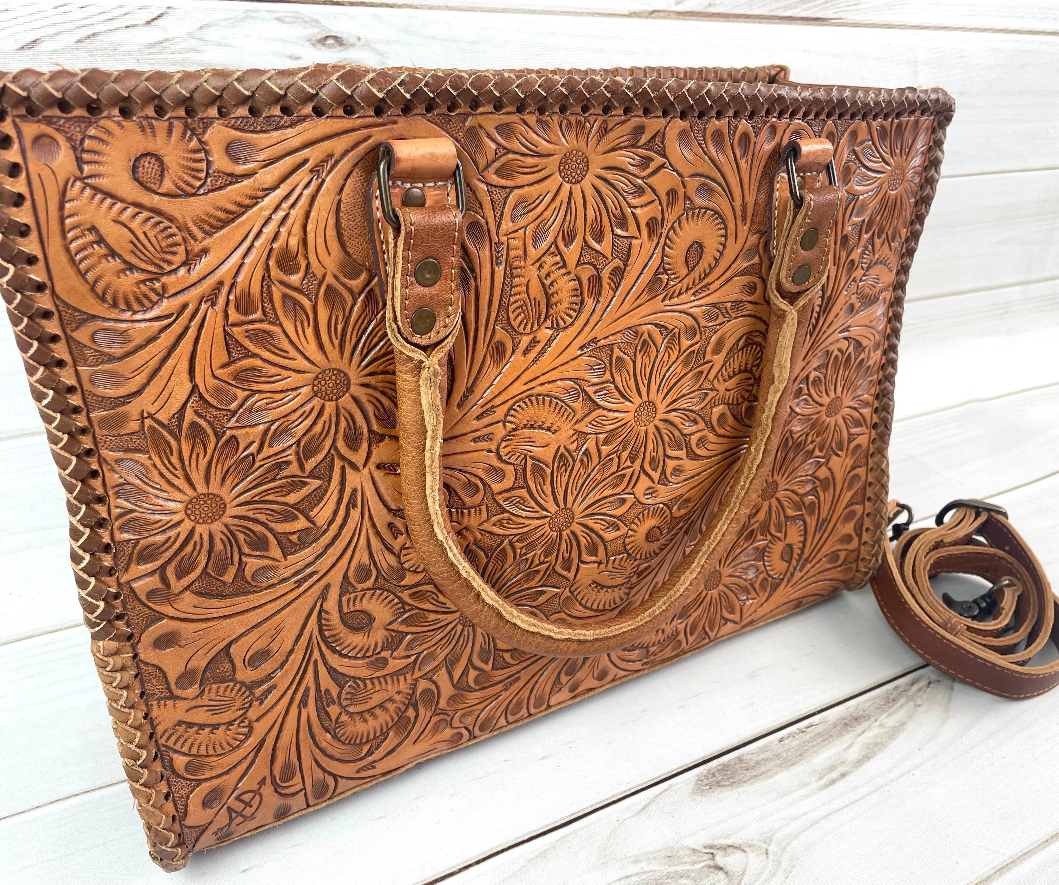 Southwest Spring Floral Tooled Laptop Tote (4 Leather Options)