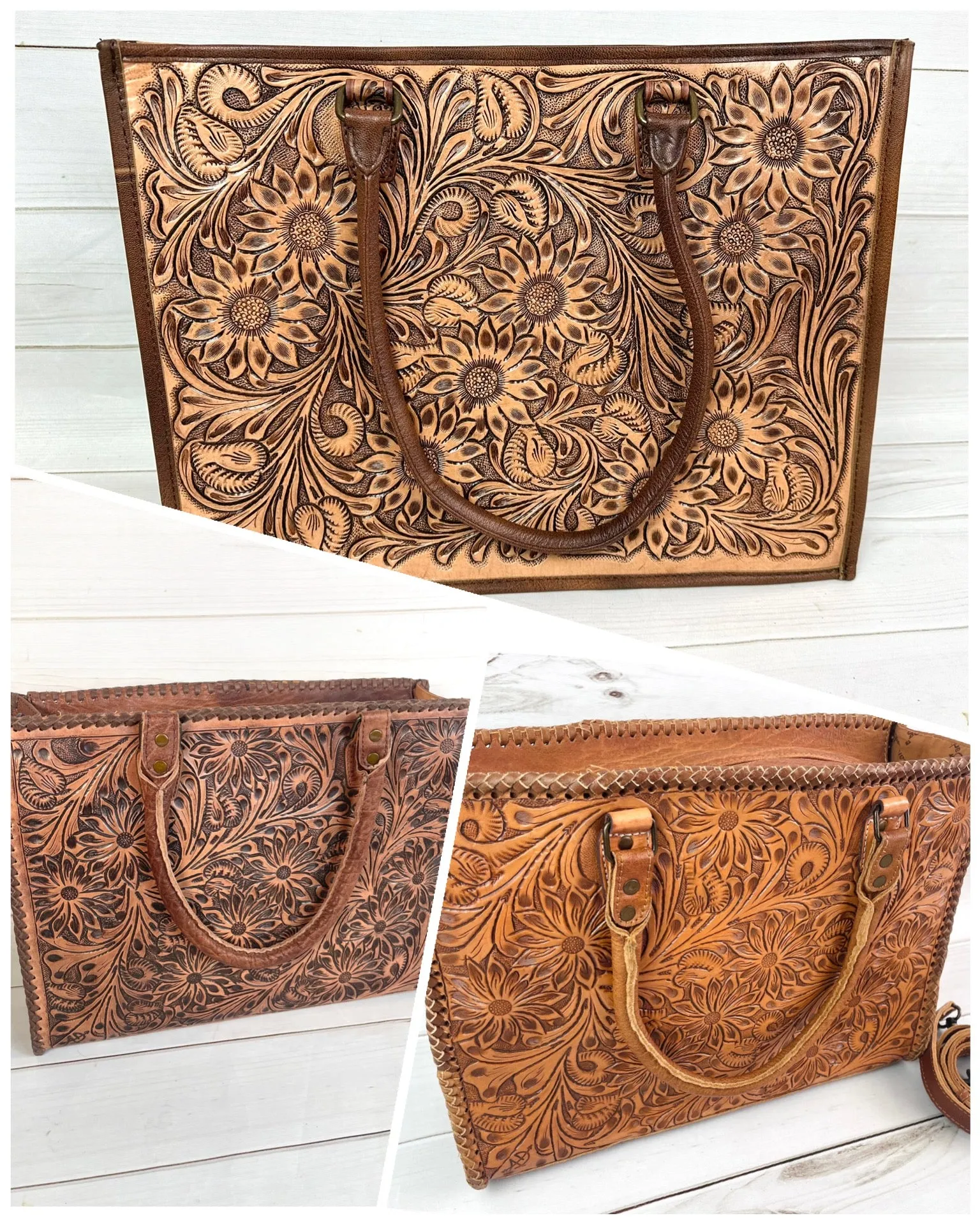 Southwest Spring Floral Tooled Laptop Tote (4 Leather Options)