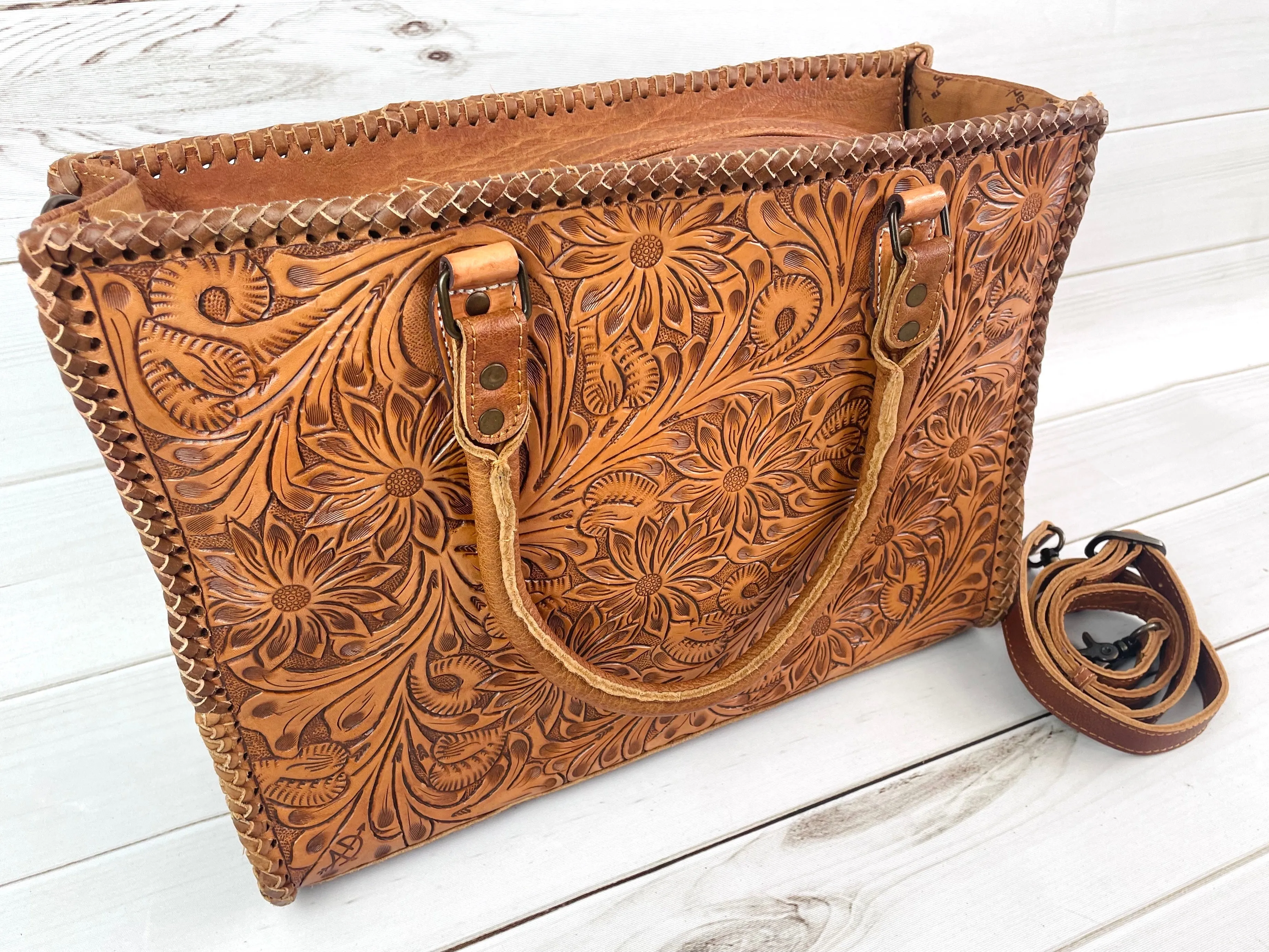 Southwest Spring Floral Tooled Laptop Tote (4 Leather Options)