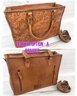 Southwest Spring Floral Tooled Laptop Tote (4 Leather Options)