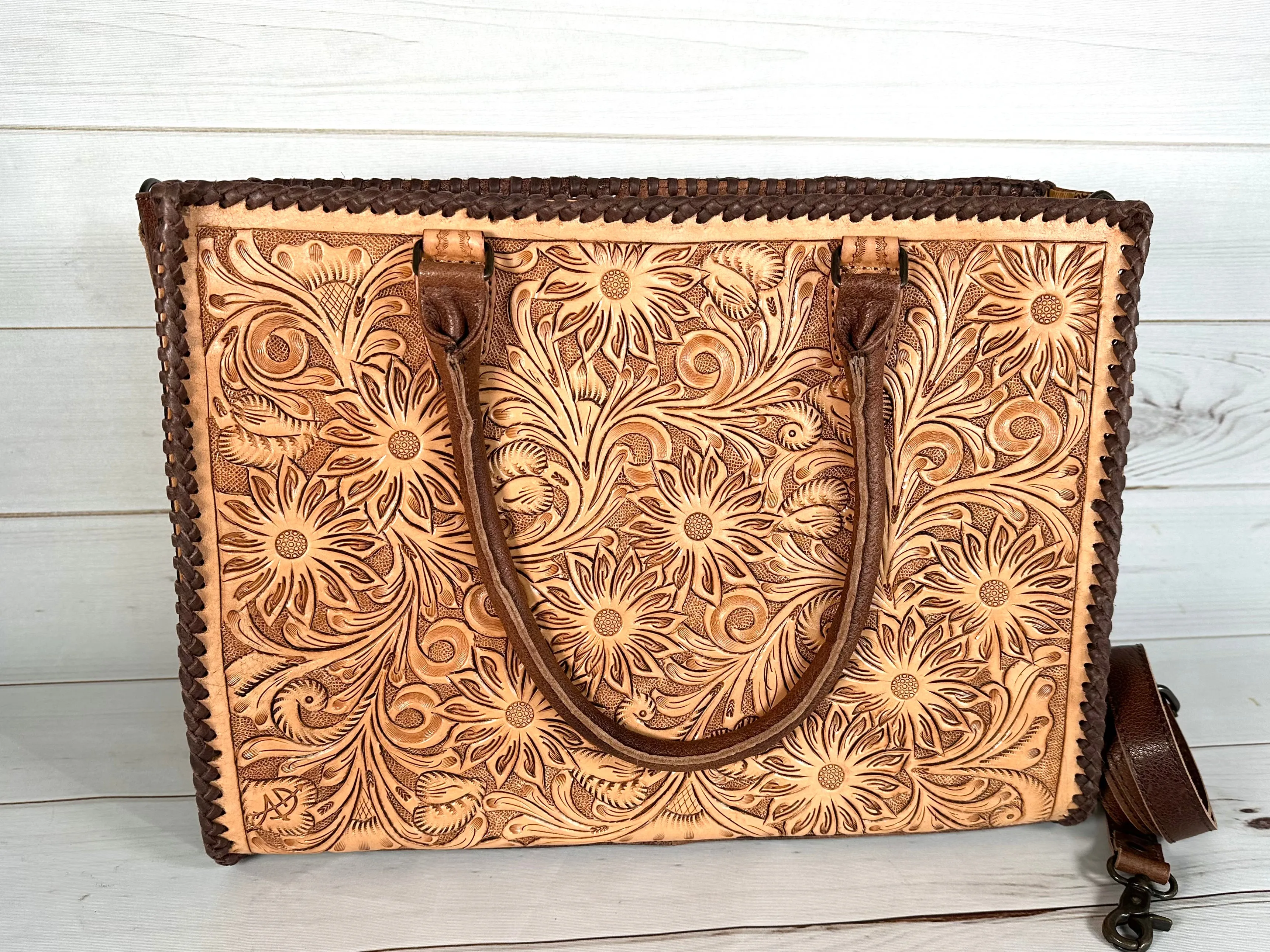 Southwest Spring Floral Tooled Laptop Tote (4 Leather Options)