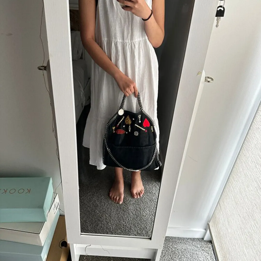 Stella McCartney Falabella Shaggy Embellished Tote Handbag Leather Black Bag New