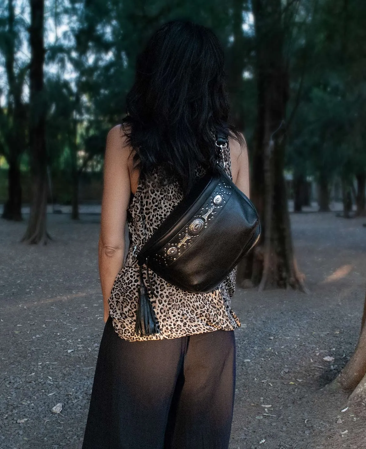 Studded Black Leather Large Crossbody Bag with Metallic Rivets - The CHER  Sling Bag