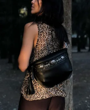 Studded Black Leather Large Crossbody Bag with Metallic Rivets - The CHER  Sling Bag