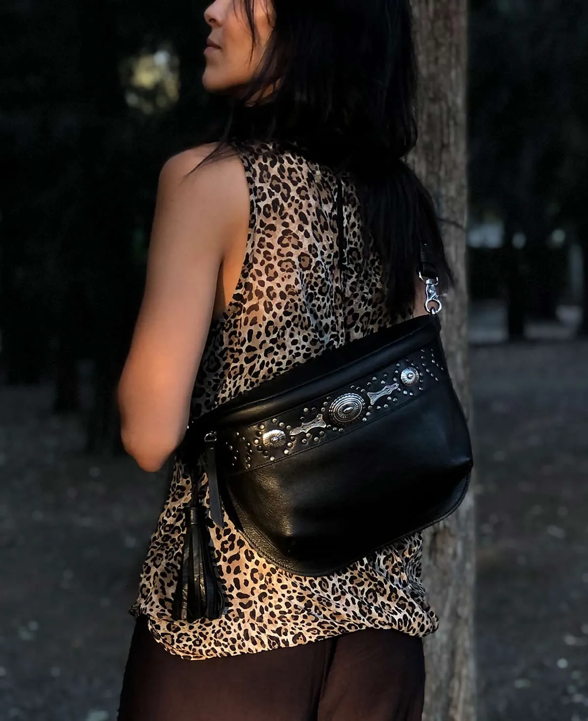 Studded Black Leather Large Crossbody Bag with Metallic Rivets - The CHER  Sling Bag