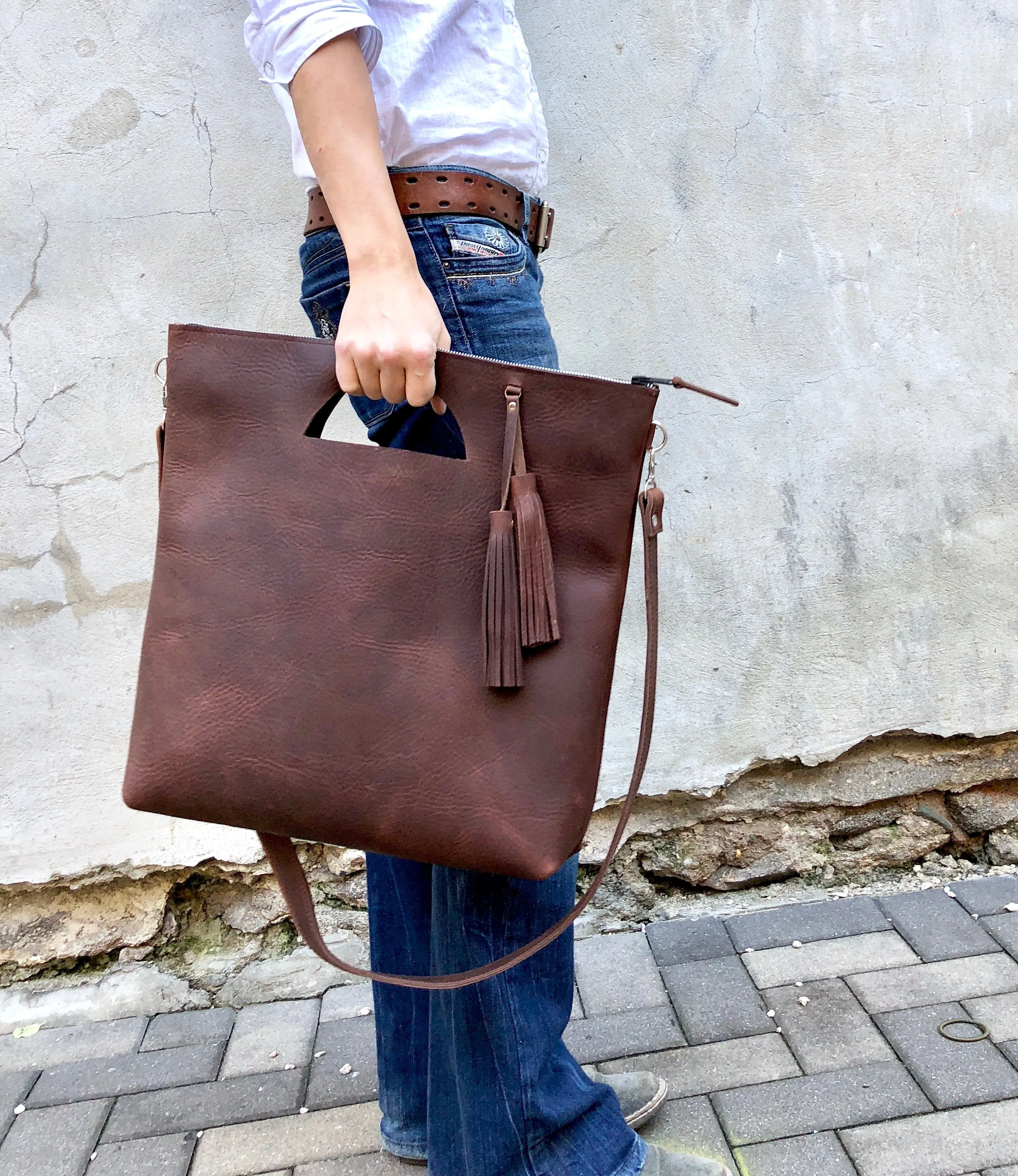 Tall crossbody leather tote bag Unique handmade purse