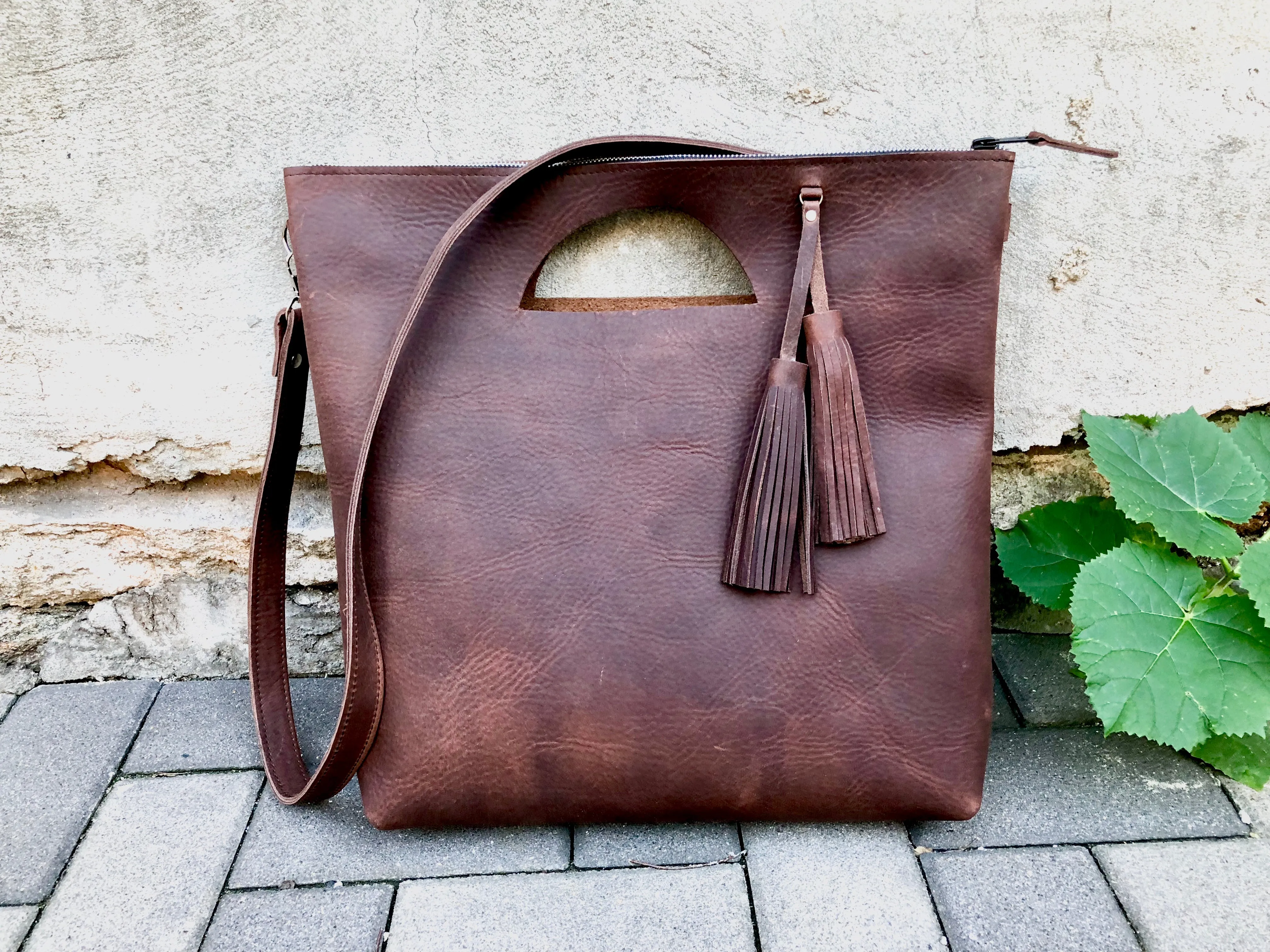 Tall crossbody leather tote bag Unique handmade purse