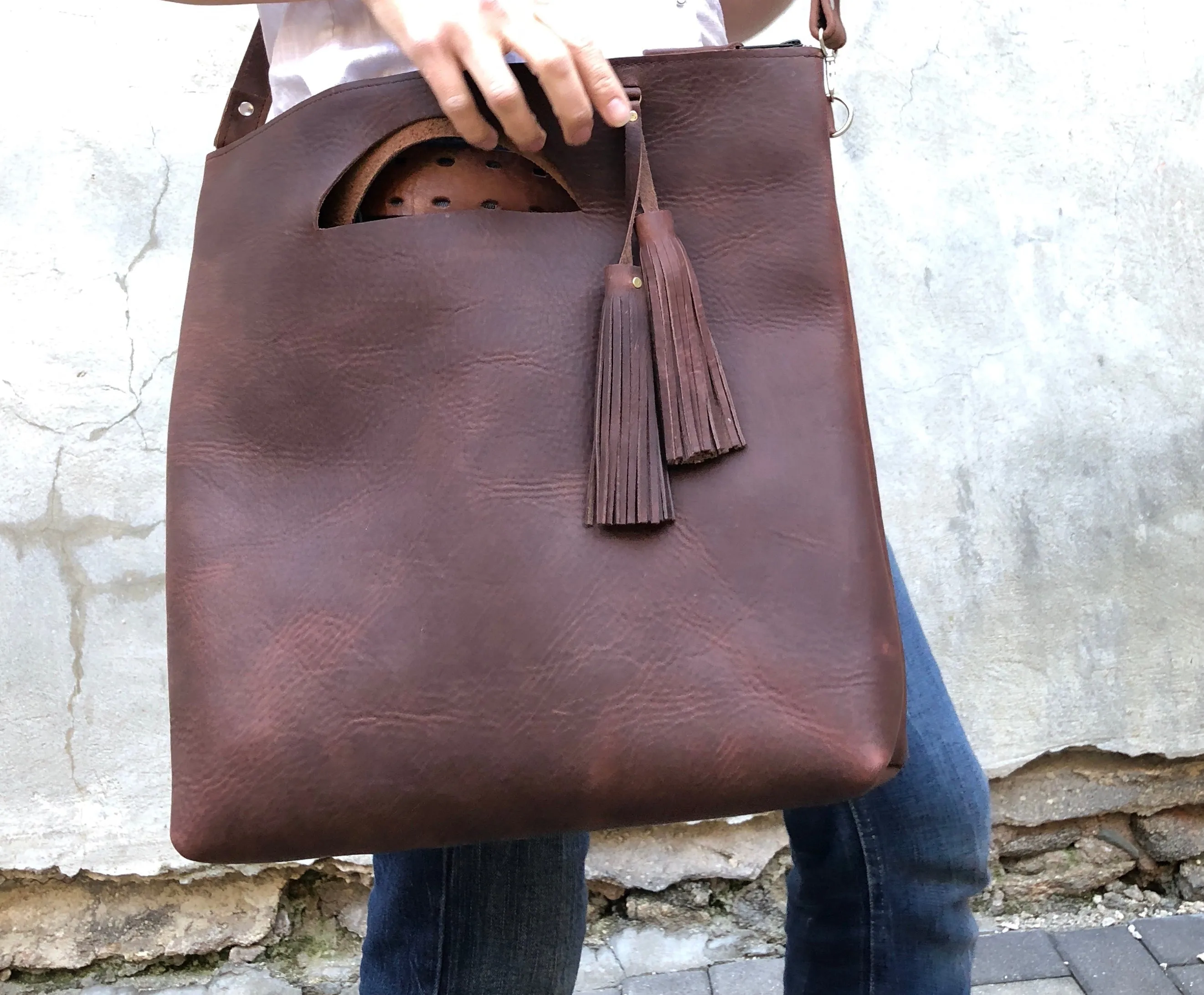 Tall crossbody leather tote bag Unique handmade purse
