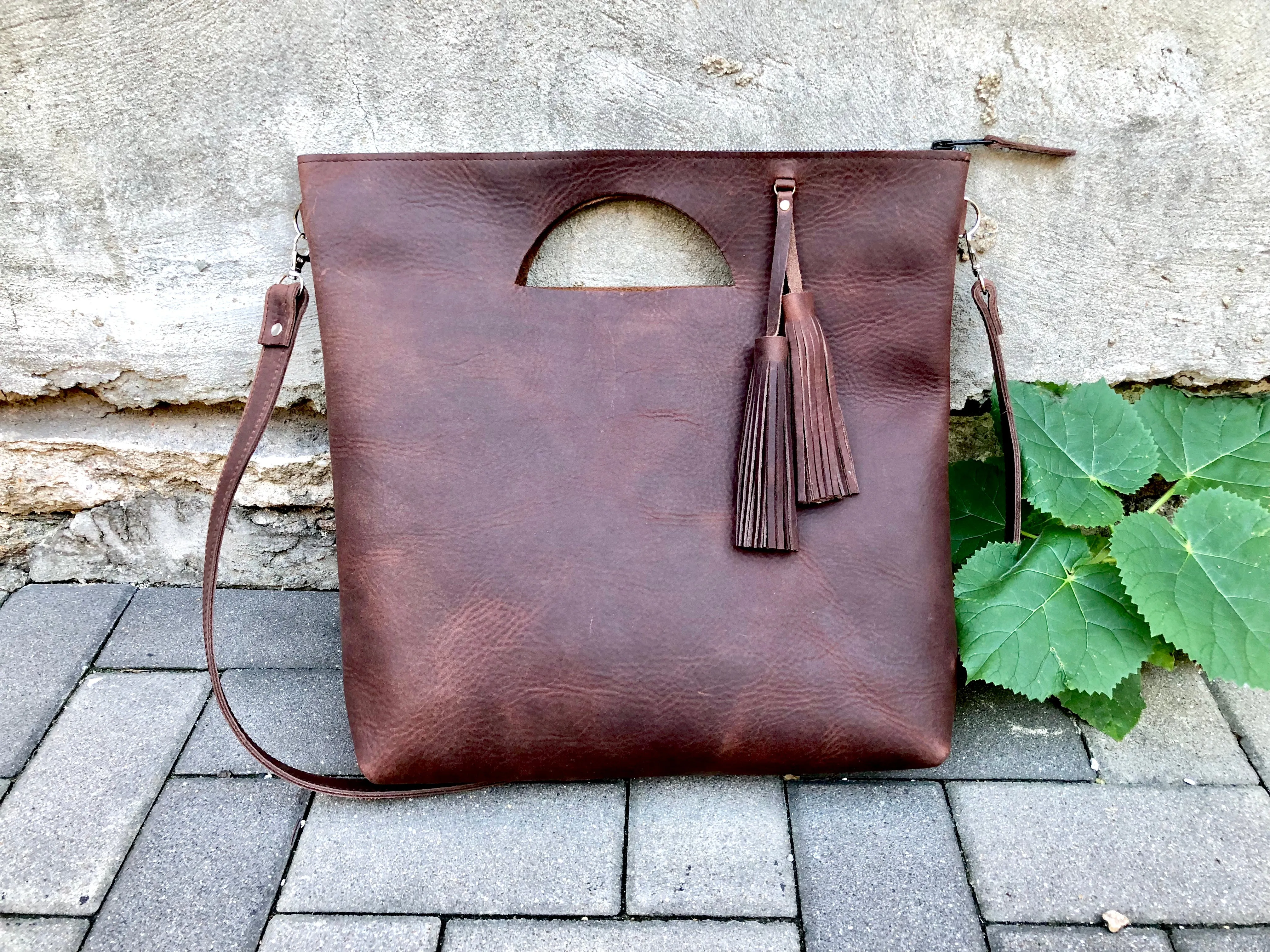 Tall crossbody leather tote bag Unique handmade purse